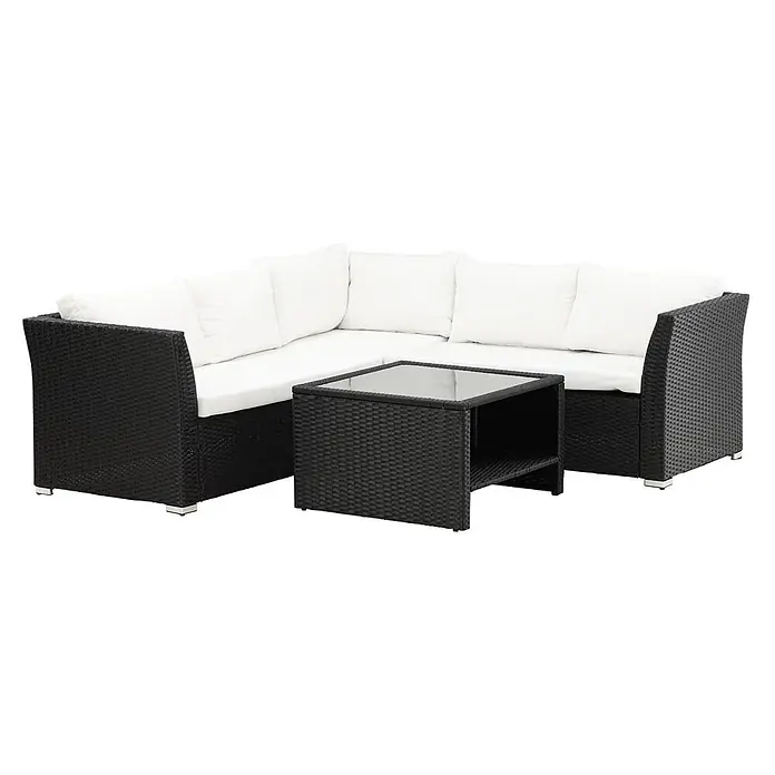Ebuy24 Loungemöbel-Set Haiti - 2 -tlg., Glas Stahl Korbmöbel Polyester Schaum, Weiß - Schwarze Rattan-L-förmige Outdoor-Sitzgruppe mit weißen Kissen und Couchtisch mit Glasplatte.