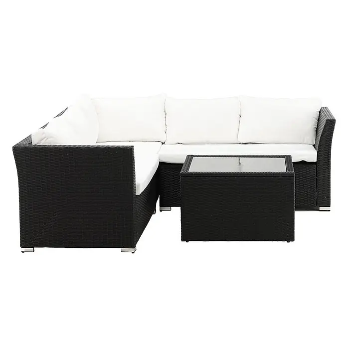 Ebuy24 Loungemöbel-Set Haiti - 2 -tlg., Glas Stahl Korbmöbel Polyester Schaum, Weiß - Schwarzes Rattan-Ecksofa-Set mit weißen Kissen und einem Couchtisch mit Glasplatte.