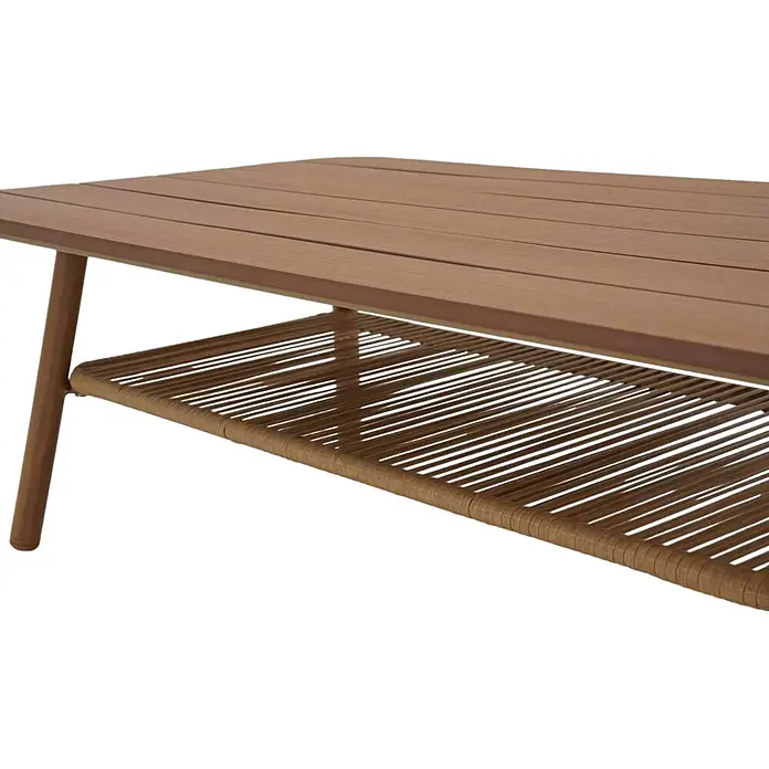 Ebuy24 Loungemöbel-Set Frederikke - 3 -tlg., Aluminium, Nonwood, Polyester, Rattan, Natur - Moderner brauner Couchtisch mit Lattenplatte und geflochtener Ablage.