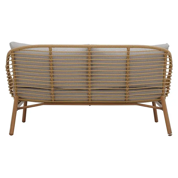 Ebuy24 Loungemöbel-Set Frederikke - 3 -tlg., Aluminium, Nonwood, Polyester, Rattan, Natur - Zweisitzer-Sofa mit hellbraunem Geflechtrahmen und hellgrauen Kissen, von hinten gesehen.