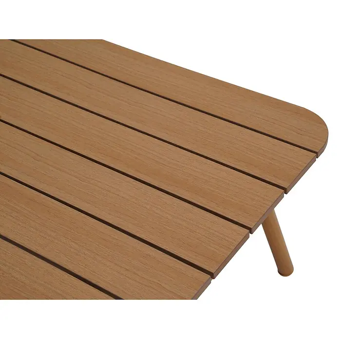 Ebuy24 Loungemöbel-Set Frederikke - 3 -tlg., Aluminium, Nonwood, Polyester, Rattan, Natur - Helle, lattenförmige Tischplatte aus Holz mit sichtbarer Maserung und abgerundeter Ecke.