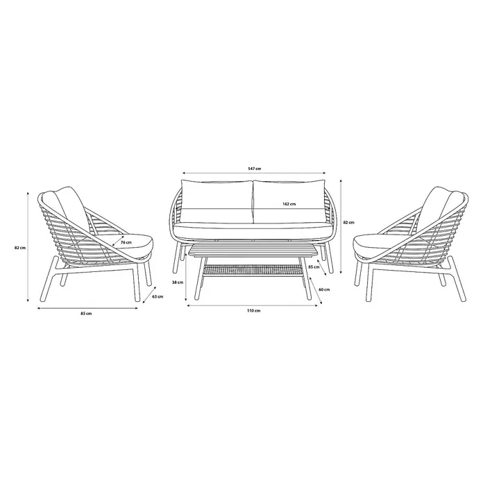 Ebuy24 Loungemöbel-Set Frederikke - 3 -tlg., Aluminium, Nonwood, Polyester, Rattan, Natur - Gartensitzgruppe mit zwei Sesseln, einem Zweisitzer-Sofa und einem Couchtisch, inklusive Maße.