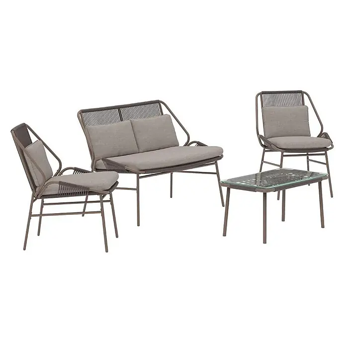 Ebuy24 Loungemöbel-Set Zakynthos - 4 -tlg., Stahl, Braun - Outdoor-Sitzgruppe: zwei Sessel, Sofa, Couchtisch mit braunen Gestellen, geflochtenen Akzenten und hellgrauen Kissen.