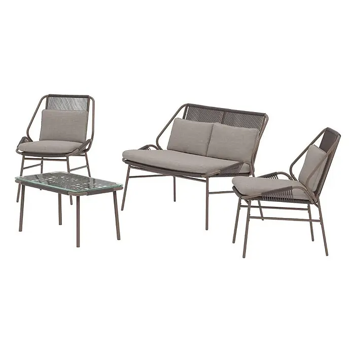 Ebuy24 Loungemöbel-Set Zakynthos - 4 -tlg., Stahl, Braun - Outdoor-Lounge-Set mit zwei Sesseln, einem Zweisitzer-Sofa und einem Couchtisch, mit dunklen Metallrahmen, Seilgeflecht und hellgrauen Kissen.