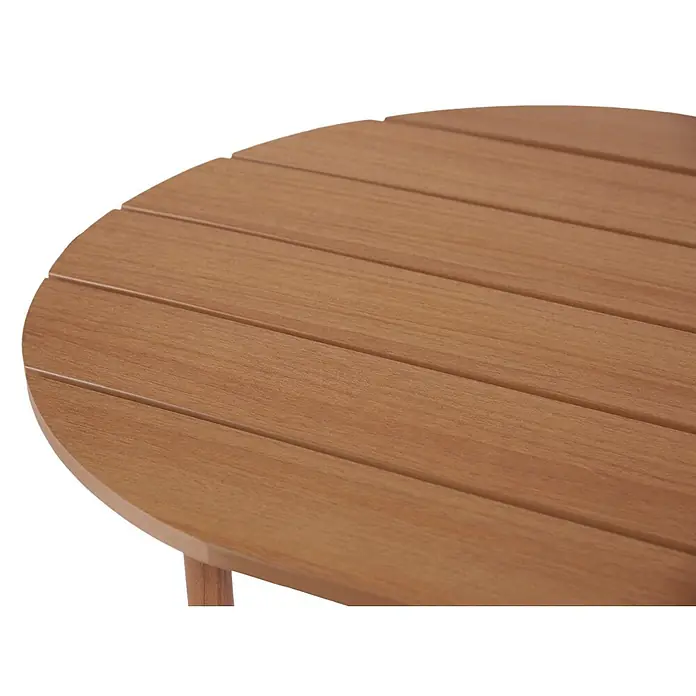 Ebuy24 Loungemöbel-Set Olga - 3 -tlg., Aluminium, Nonwood, Polyester, Textilene, Natur - Nahaufnahme einer runden Tischplatte aus hellbraunen Holzlatten.