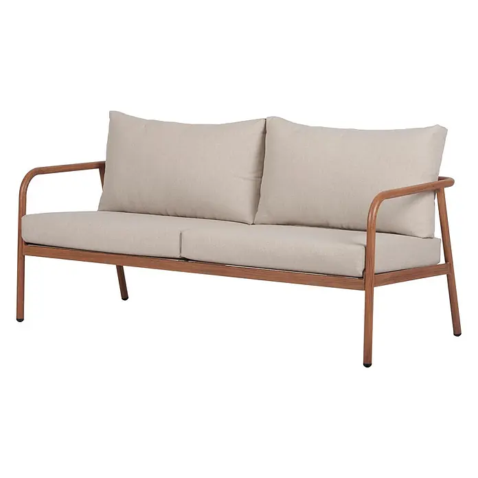 Ebuy24 Loungemöbel-Set Olga - 3 -tlg., Aluminium, Nonwood, Polyester, Textilene, Natur - Zweisitzer-Sofa mit hellbeigen Stoffkissen und gebogenem Holzrahmen.