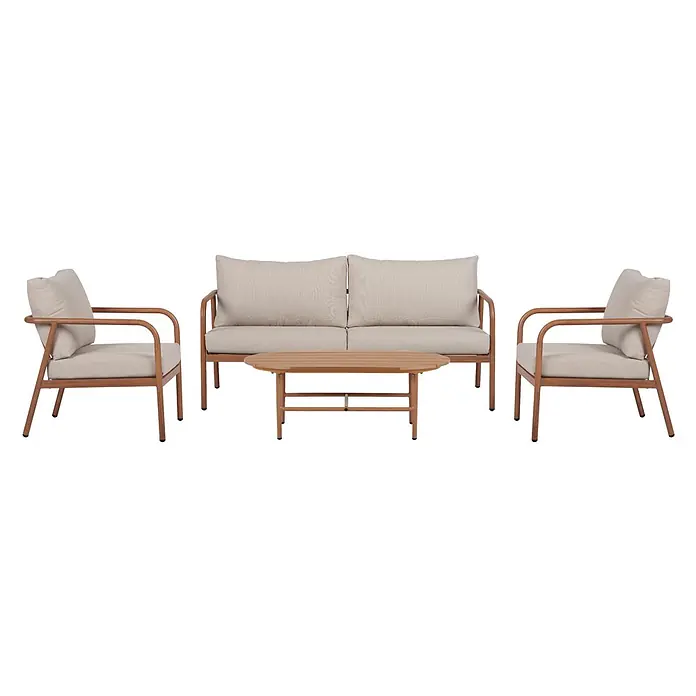 Ebuy24 Loungemöbel-Set Olga - 3 -tlg., Aluminium, Nonwood, Polyester, Textilene, Natur - Outdoor-Sitzgruppe: zwei Sessel, ein Sofa, Couchtisch. Hellbraune Gestelle, beige Polster.