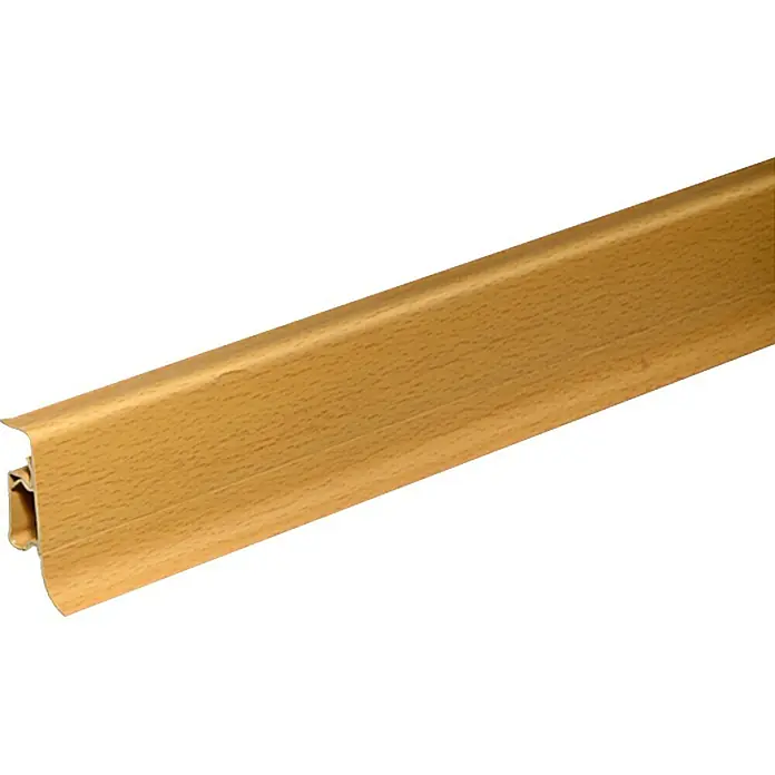 Sockelleiste KU50 - 250 cm x 22 mm x 50 mm, Buche - Das Bild zeigt eine Sockelleiste in Holzoptik. Sie ist länglich und hat eine Nut auf der Rückseite zur Befestigung an der Wand.