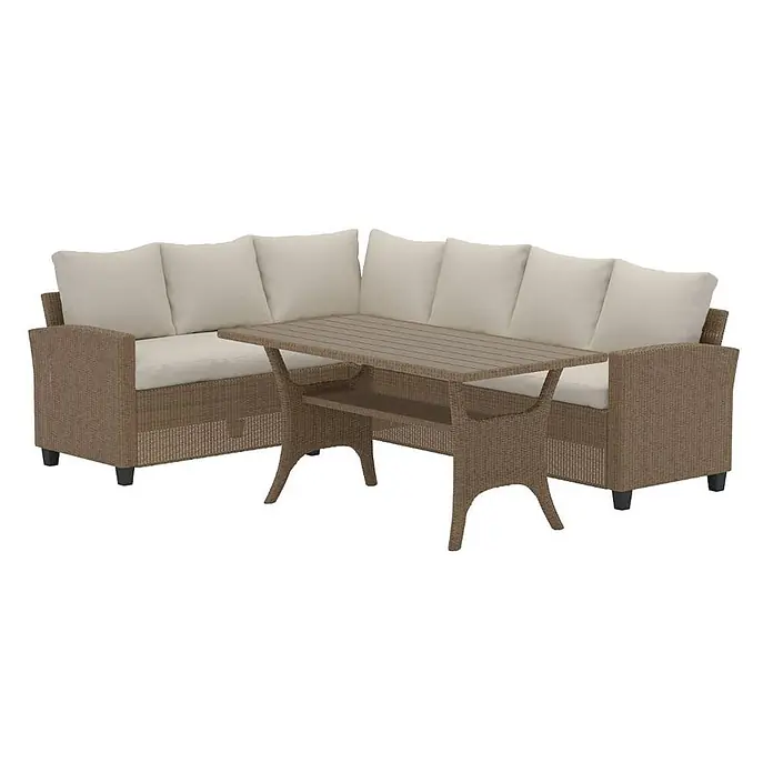 Ebuy24 Loungemöbel-Set Brentwood - 2 -tlg., Aintwood, Beige - Braunes Rattan-Garten-Ecksofa mit hellen Polstern und passendem rechteckigem Couchtisch mit Ablage.