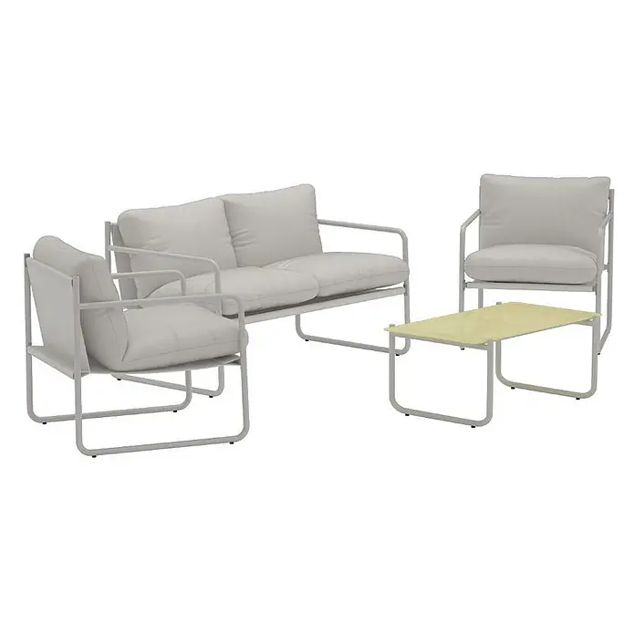 Ebuy24 Loungemöbel-Set Thassos - 4 -tlg., Stahl, Grau - Hellgraues Outdoor-Lounge-Set: Zweisitzer-Sofa, Sessel mit Kissen und ein Couchtisch mit hellgelber Platte.