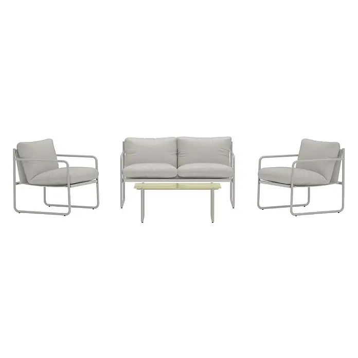 Ebuy24 Loungemöbel-Set Thassos - 4 -tlg., Stahl, Grau - Outdoor-Lounge-Set: hellgraue Polster, Metallrahmen. Enthält Zweisitzer-Sofa, zwei Sessel, Couchtisch mit Holzplatte.