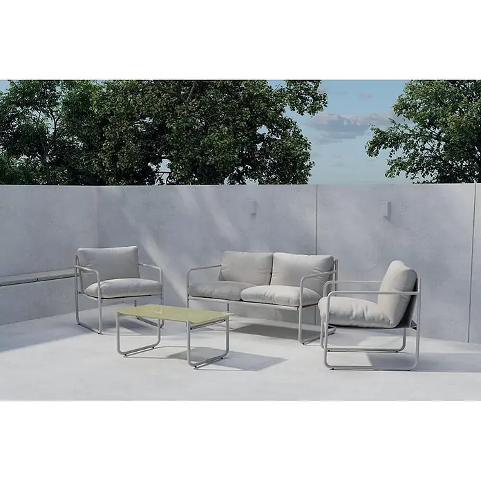 Ebuy24 Loungemöbel-Set Thassos - 4 -tlg., Stahl, Grau - Gartenmöbel für Terrasse: zwei graue Sessel, Zweisitzer-Sofa, Couchtisch mit hellgrüner Glasplatte. Graue Gestelle und Kissen.