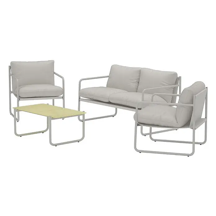 Ebuy24 Loungemöbel-Set Thassos - 4 -tlg., Stahl, Grau - Hellesgraues Metall-Outdoor-Lounge-Set mit 2-Sitzer-Sofa, zwei Sesseln, hellgrauen Kissen und gelbem Metallgitter-Couchtisch.