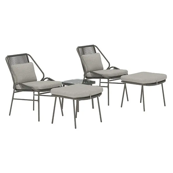 Ebuy24 Loungemöbel-Set Zakynthos - 5 -tlg., Stahl, Braun - Outdoor-Loungeset: zwei graue Stühle mit Kissen, zwei passende Hocker und ein Glastisch. Mit Geflechtdetails und Metallrahmen.