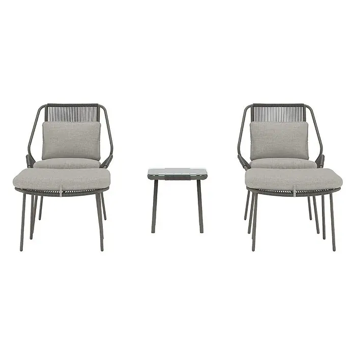 Ebuy24 Loungemöbel-Set Zakynthos - 5 -tlg., Stahl, Braun - Dunkelgraues Outdoor-Lounge-Set aus Geflecht mit zwei Sesseln, hellgrauen Kissen und Beistelltisch mit Glasplatte.