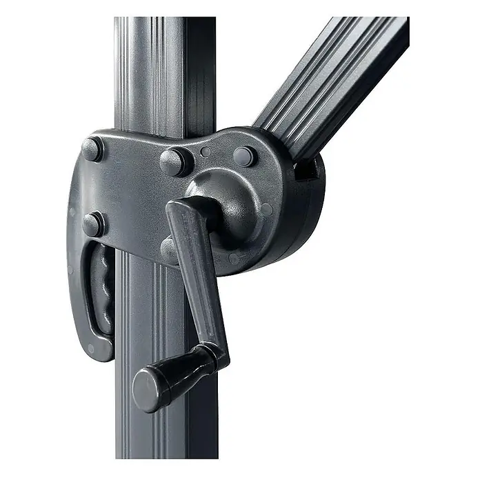 Ebuy24 Marktschirm Bea - Schwarz - Dunkelgraue Kurbelmechanik mit Griff, auf einer Stange montiert, zum Verstellen eines angewinkelten Schirmarms.