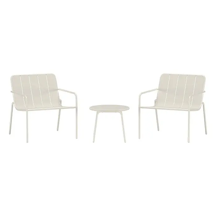 Ebuy24 Loungemöbel-Set Minos - 3 -tlg., Stahl, Beige - Helles beiges Metall-Outdoor-Lounge-Set mit zwei Lattenstühlen und einem runden Couchtisch.