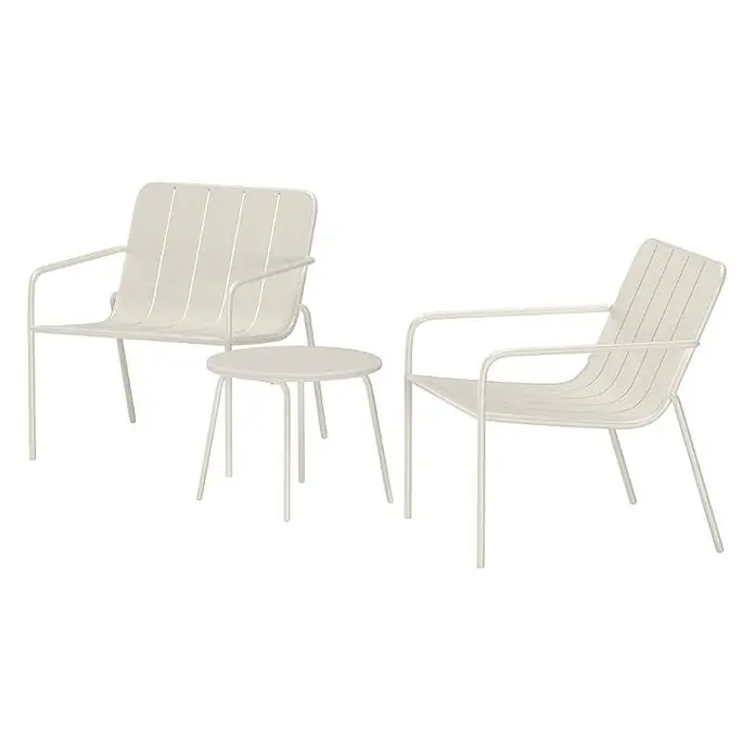 Ebuy24 Loungemöbel-Set Minos - 3 -tlg., Stahl, Beige - Hellbeiges Outdoor-Set aus Metall mit zwei Latten-Sesseln und einem runden Beistelltisch.