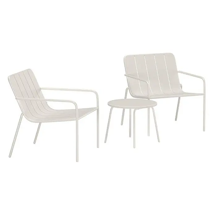 Ebuy24 Loungemöbel-Set Minos - 3 -tlg., Stahl, Beige - Weißes Garten-Lounge-Set aus Metalllamellen mit zwei Stühlen und einem runden Tisch.