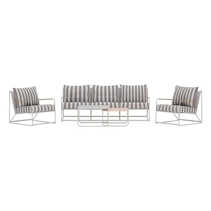 Ebuy24 Loungemöbel-Set Palazzo - 4 -tlg., Stahl, Beige - Outdoor-Lounge-Set: Sessel mit weißen Rahmen und Holzdetails, Dreiersofa und zwei Tische mit grau-weiß gestreiften Kissen.