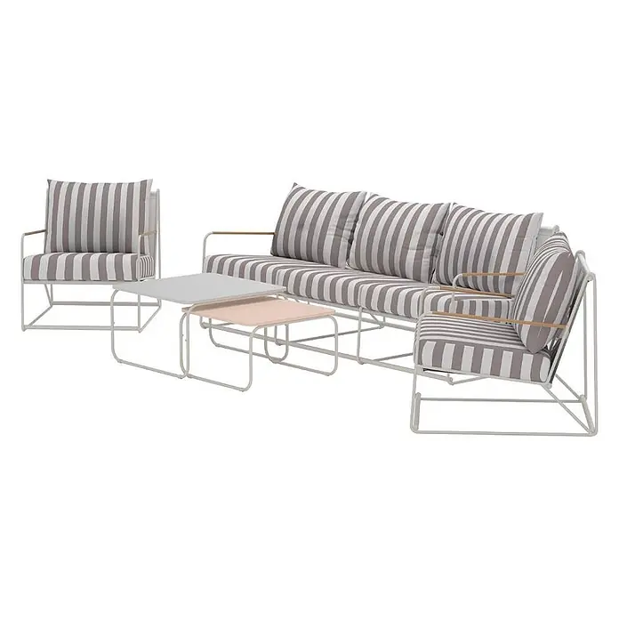 Ebuy24 Loungemöbel-Set Palazzo - 4 -tlg., Stahl, Beige - Outdoor-Loungeset aus weißem Metall mit grau-weiß gestreiften Kissen, bestehend aus Sofa, Sessel und zwei Satztischen.
