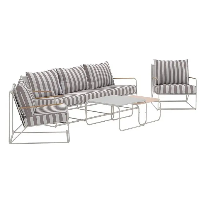 Ebuy24 Loungemöbel-Set Palazzo - 4 -tlg., Stahl, Beige - Outdoor-Lounge-Set mit weißem Metallgestell, grau-weiß gestreiften Kissen, Holzarmlehnen und zwei ineinandersteckbaren Beistelltischen.