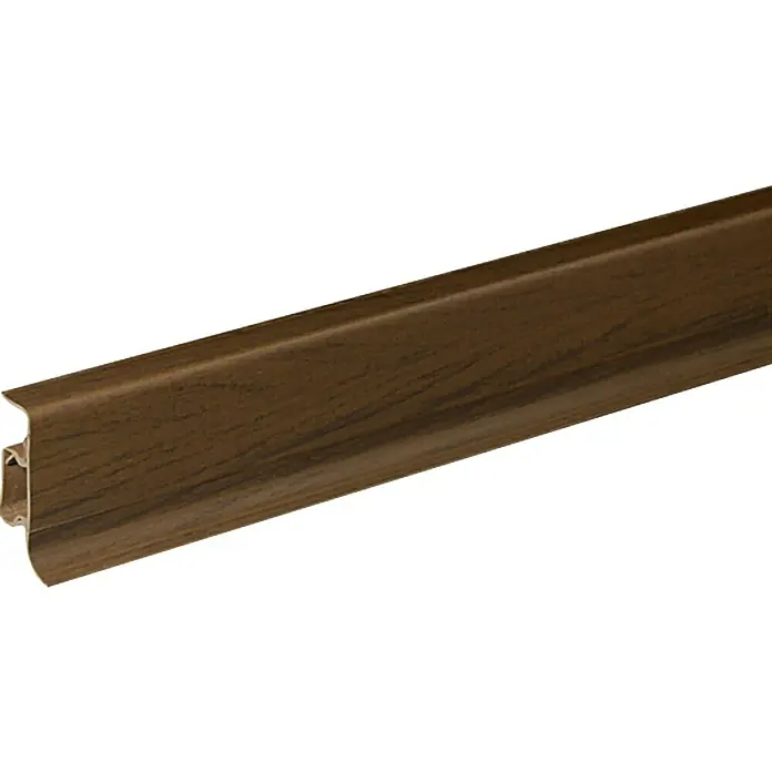 Sockelleiste KU50 - 250 cm x 22 mm x 50 mm, Nuss - Ein braunes Sockelleistenprofil mit einer holzähnlichen Oberfläche, ideal für Bodenbeläge und Innenausbau.