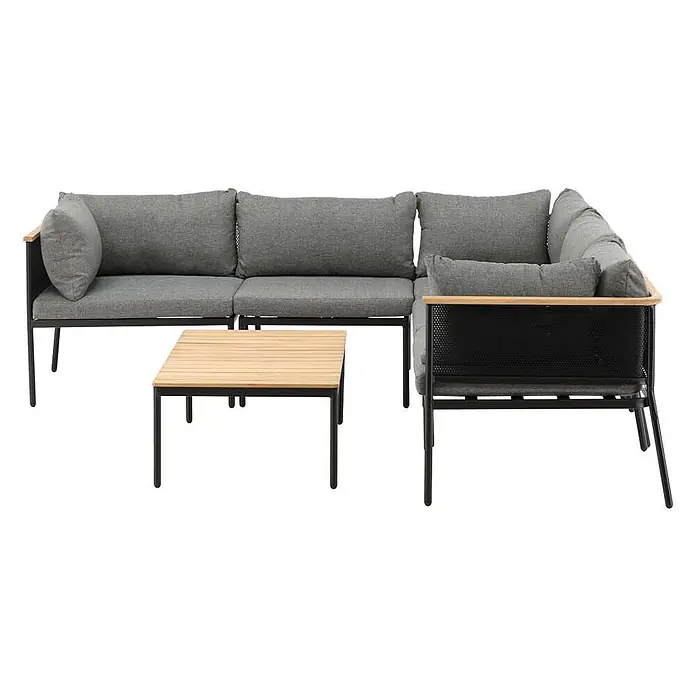 Ebuy24 Loungemöbel-Set Nettan - 2 -tlg., Stahl Teak, Schwarz - Graues L-förmiges Outdoor-Loungeset mit schwarzem Metallrahmen und Holzdetails, inklusive passendem Couchtisch.
