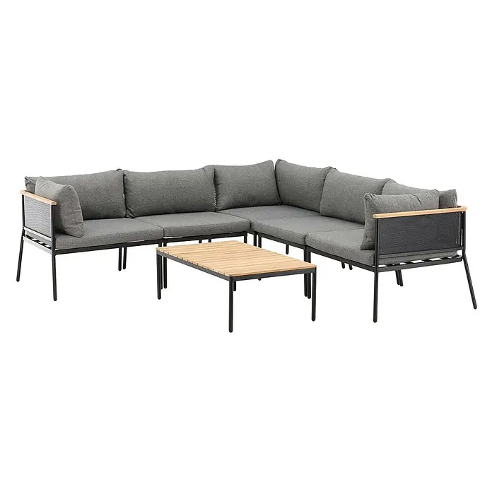 Ebuy24 Loungemöbel-Set Nettan - 2 -tlg., Stahl Teak, Schwarz - L-förmige Outdoor-Lounge-Sofa-Set mit grauen Kissen, schwarzem Metallrahmen, Holzarmlehnen und passendem Couchtisch.