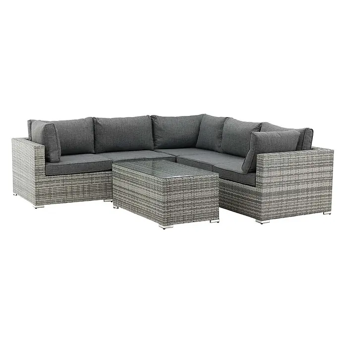 Ebuy24 Loungemöbel-Set Amazon - 2 -tlg., Korbmöbel, Grau - Graues Rattan L-förmiges Outdoor-Sofa mit dunkelgrauen Kissen und passendem Couchtisch mit Glasplatte.