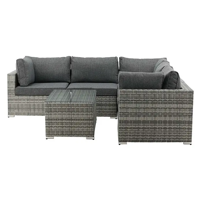 Ebuy24 Loungemöbel-Set Amazon - 2 -tlg., Korbmöbel, Grau - Graues Rattan-Ecksofa-Set mit dunkelgrauen Kissen und passendem Couchtisch mit Glasplatte.