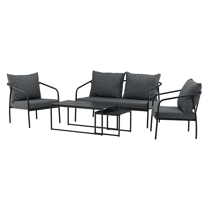 Ebuy24 Loungemöbel-Set Sopot - 4 -tlg., Stahl, Schwarz - Dunkelgraues Outdoor-Loungeset mit schwarzen Metallrahmen, bestehend aus zwei Sesseln, einem Zweisitzer-Sofa und zwei Beistelltischen.
