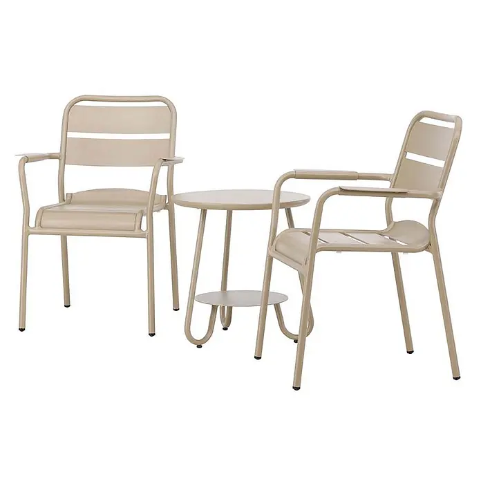 Ebuy24 Loungemöbel-Set Faro - 3 -tlg., Aluminium, Beige - Beiges Metall-Bistro-Set mit zwei Armlehnstühlen und einem runden Tisch mit Ablage, für den Außenbereich.