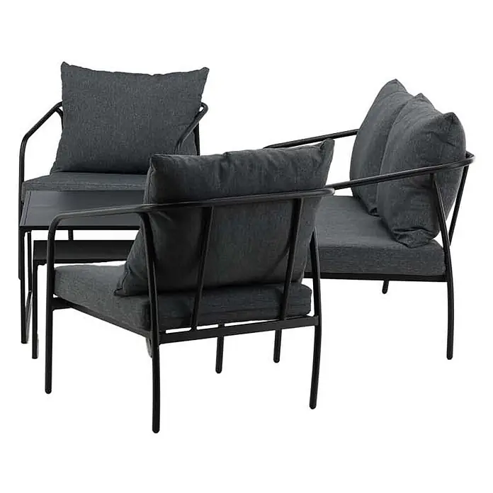 Ebuy24 Loungemöbel-Set Sopot - 4 -tlg., Stahl, Schwarz - Dunkelgraues Outdoor-Lounge-Set mit schwarzen Metallrahmen und Kissen, bestehend aus zwei Stühlen und einem kleinen Beistelltisch.