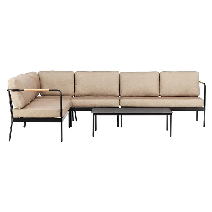 Ebuy24 Loungemöbel-Set Pehnna - 2 -tlg., Stahl, Beige - L-förmiges Outdoor-Lounge-Sofa mit beigen Kissen, schwarzem Metallgestell, Holzarmlehne und passendem schwarzen Couchtisch.