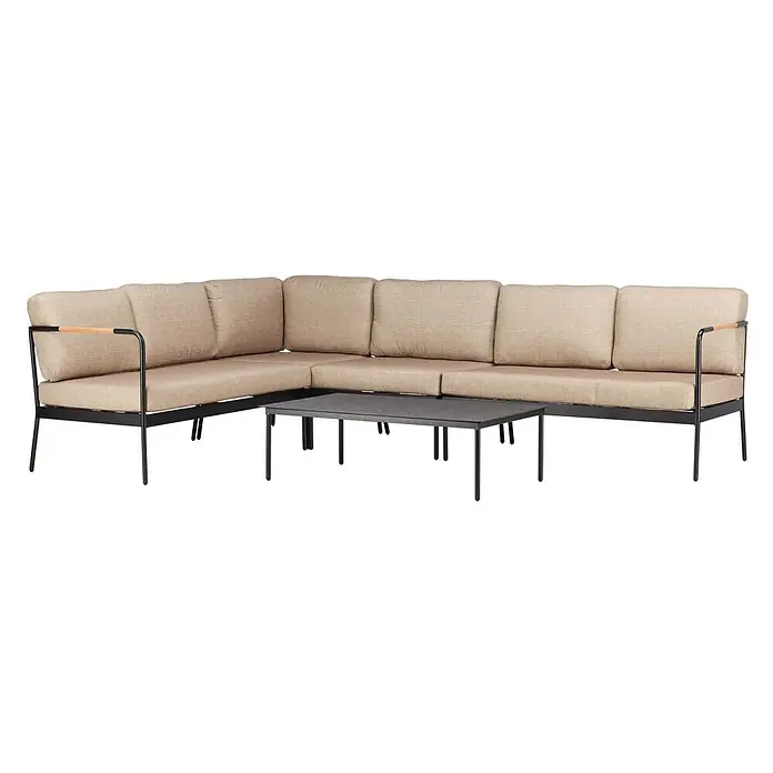 Ebuy24 Loungemöbel-Set Pehnna - 2 -tlg., Stahl, Beige - L-förmiges Gartensofa mit schwarzem Gestell, beigefarbenen Kissen, Holzarmlehnen und einem dunkelgrauen Couchtisch.