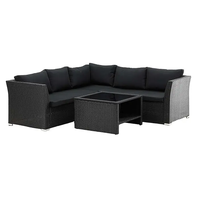 Ebuy24 Loungemöbel-Set Haiti - 4 -tlg., Korbmöbel, Schwarz - Schwarze Rattan-Ecksofa-Garnitur mit schwarzen Kissen und passendem Glastisch für den Außenbereich.