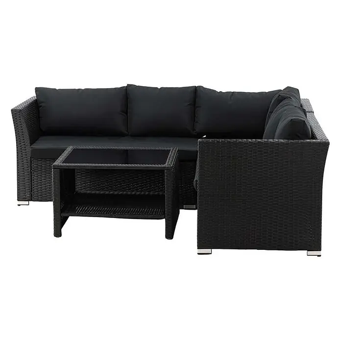 Ebuy24 Loungemöbel-Set Haiti - 4 -tlg., Korbmöbel, Schwarz - Schwarzes Rattan-Ecksofa mit Kissen und passendem Couchtisch mit Glasplatte für den Außenbereich.