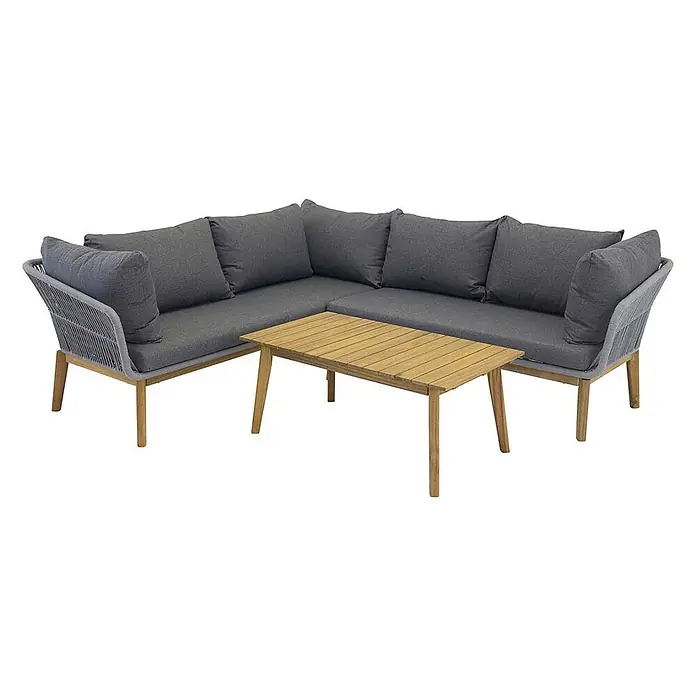 Ebuy24 Loungemöbel-Set Chania - 2 -tlg., Polyester Seil Akazie, Grau - Graues Rope-L-förmiges Outdoor-Sofa mit dunkelgrauen Kissen und einem Latten-Holz-Couchtisch.