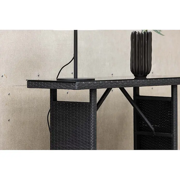 Ebuy24 Garten-Beistelltisch Padova - L x B x H: 40 x 120 x 74 cm, Korbmöbel, Stapelbar, Sonstige, Schwarz - Schwarzer Polyrattan-Bartisch mit Glasplatte.