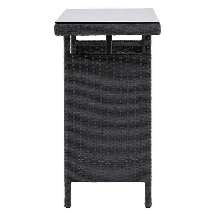 Ebuy24 Garten-Beistelltisch Padova - L x B x H: 40 x 120 x 74 cm, Korbmöbel, Stapelbar, Sonstige, Schwarz - Dunkelgrauer Bartisch in Rattan-Optik mit heller Glasplatte.