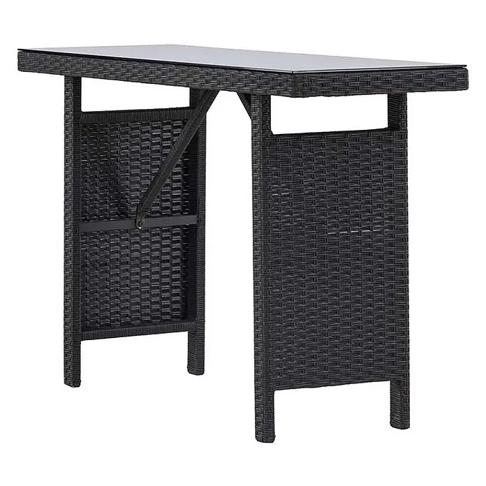 Ebuy24 Garten-Beistelltisch Padova - L x B x H: 40 x 120 x 74 cm, Korbmöbel, Stapelbar, Sonstige, Schwarz - Schwarzer Bartisch in Rattan-Optik mit Glasplatte und klappbarer Stützstruktur.