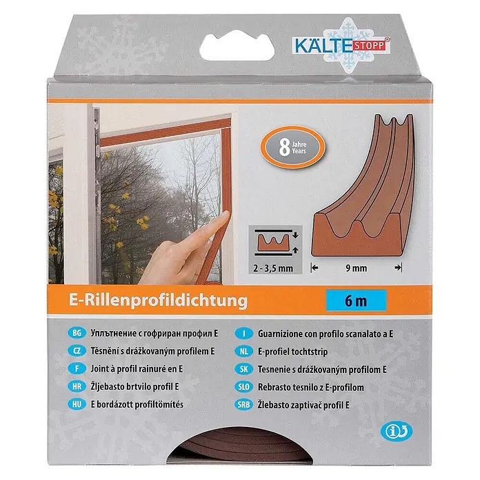 KÄLTESTOPP E-Rillenprofildichtung - Braun, 6 m x 9 mm x 4 mm, Spaltenbreiten 1 - 3,5 mm - KÄLTESTOPP braune E-Rillenprofildichtung für Fenster, 6m, 8 Jahre Haltbarkeit.