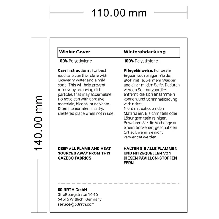 Sojag Winterschutz - Passend für Sojag 1010 Pavillon Modelle - Produktetikett für eine Winterabdeckung aus 100% Polyethylen mit Pflegehinweisen und Warnungen.