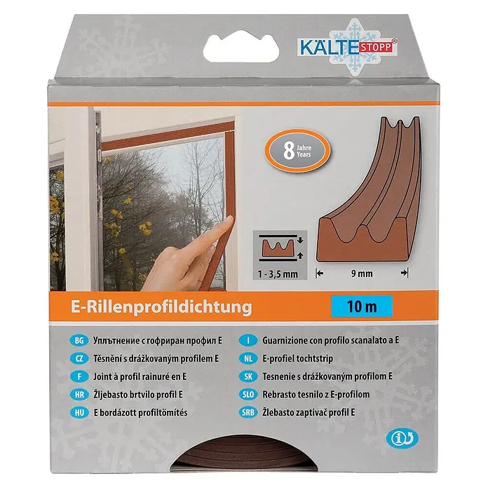 KÄLTESTOPP E-Rillenprofildichtung - Braun, 10 m x 9 mm x 4 mm, Spaltenbreiten 1 - 3,5 mm - Braunes E-Rillenprofildichtung, 10m, für 1-3,5mm Spalten, in Verpackung mit Anwendungsbeispiel.