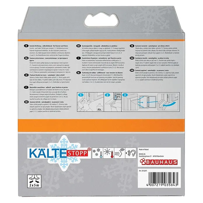 KÄLTESTOPP E-Rillenprofildichtung - Braun, 10 m x 9 mm x 4 mm, Spaltenbreiten 1 - 3,5 mm - Verpackung für KÄLTESTOPP selbstklebende Gummidichtung für Fenster und Türen, 2x5m. Mit mehrsprachiger Anleitung und Montagediagrammen.