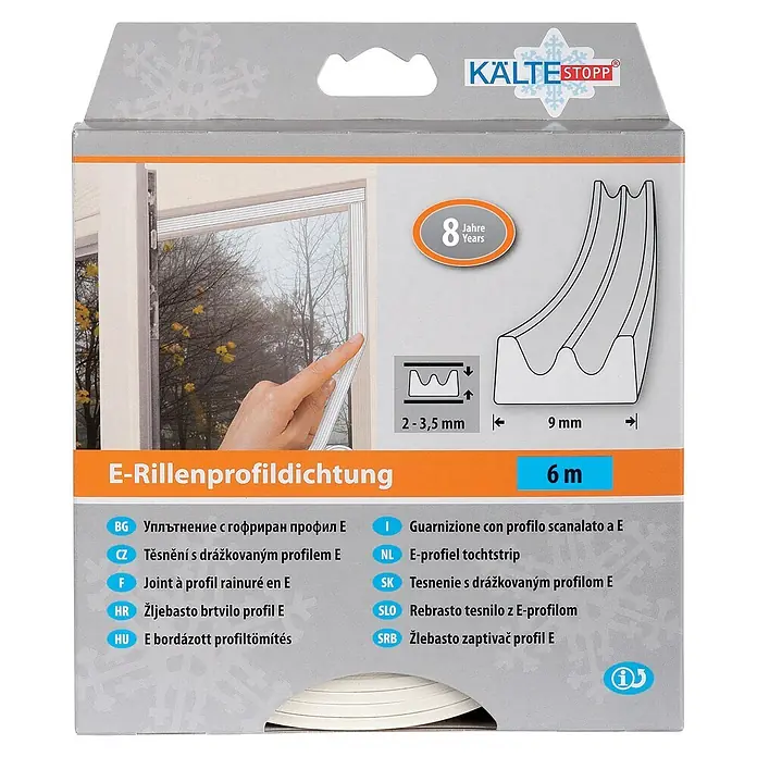 KÄLTESTOPP E-Rillenprofildichtung - Weiß, 6 m x 9 mm x 4 mm, Spaltenbreiten 1 - 3,5 mm - Weißes E-Profil Dichtungsband (6m) für Fenster/Türen, für 2-3,5mm Spalten, 8 Jahre Haltbarkeit.
