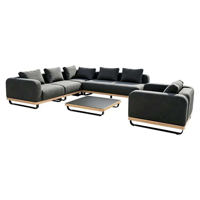 Sunfun Conjunto de muebles Cintia - 6 pzs., Aluminio/Poliéster, Antracita - Conjunto de sofá modular gris oscuro con base de madera, patas de metal negro y mesa de centro cuadrada a juego.