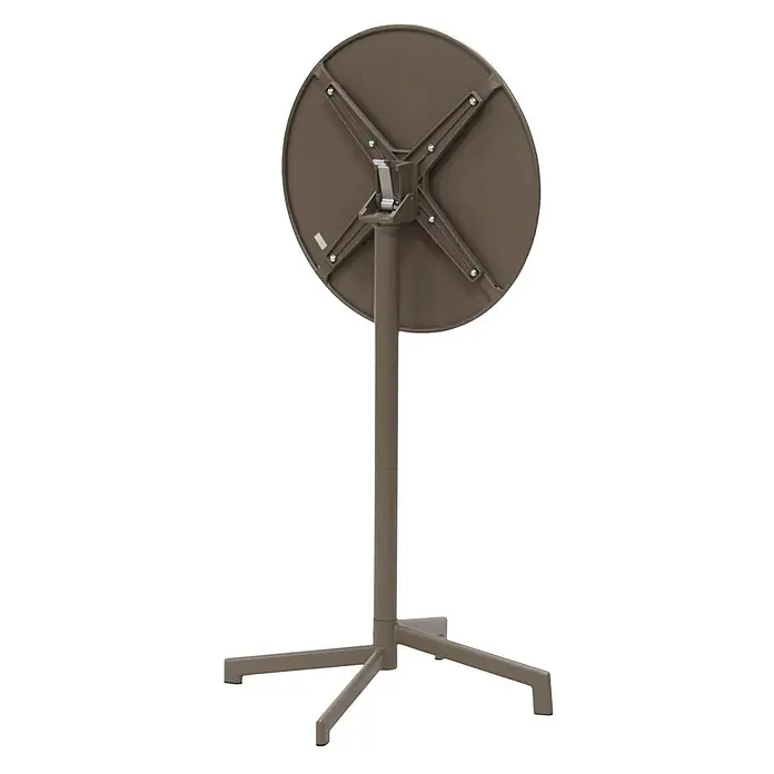 Ebuy24 Garten-Stehtisch rund Adam - Ø x H: 60 x 102 cm, Stahl, Stapelbar, Cappuccino - Ansicht der Unterseite eines runden, braunen Klapptisches, der den Klappmechanismus, das zentrale Bein und das vierzackige Gestell zeigt.