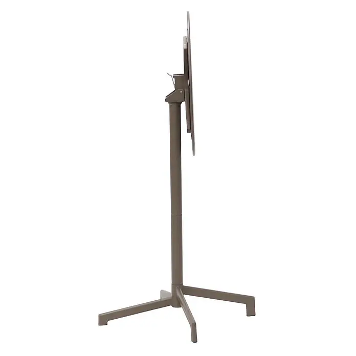 Ebuy24 Garten-Stehtisch rund Adam - Ø x H: 60 x 102 cm, Stahl, Stapelbar, Cappuccino - Taupe Klapptisch mit runder Platte und Vierfußgestell, zusammengeklappt gezeigt.